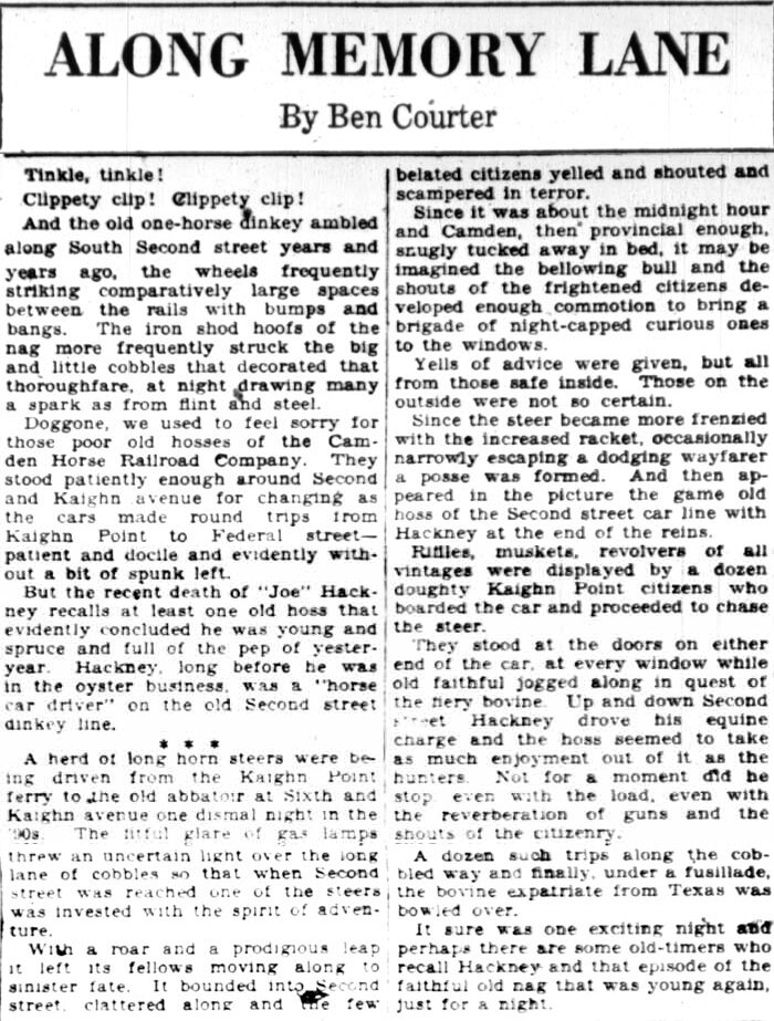 Newspaper column headed Along Memory Lane by Ben Courter, Camden Courier-Post, February 22, 1928