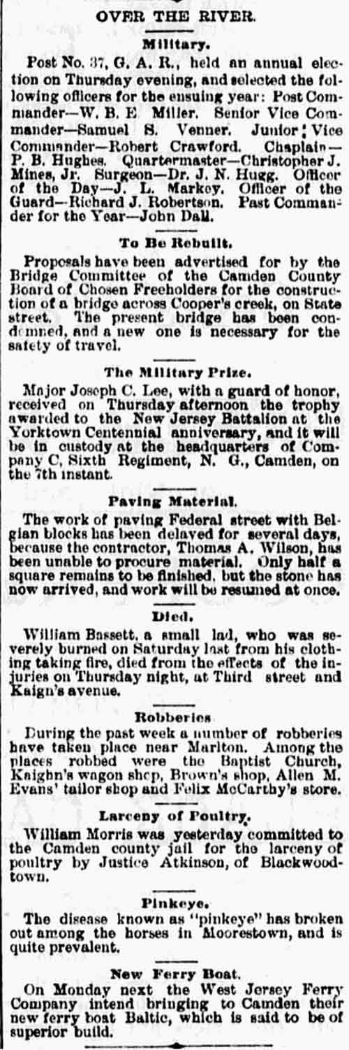Philadelphia Inquirer column Over the River, December 3, 1881, Camden news items