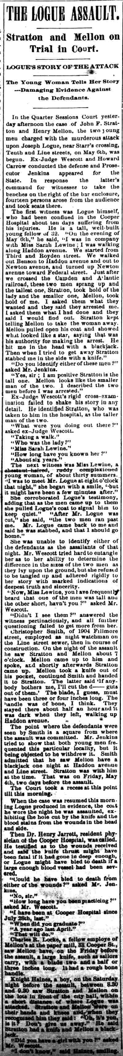 Newspaper clipping, The Logue Assault, Camden Post, June 1, 1888