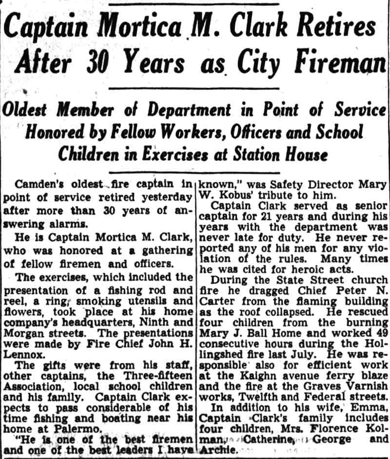 Newspaper clipping: Captain Mortica M. Clark Retires After 30 Years as City Fireman