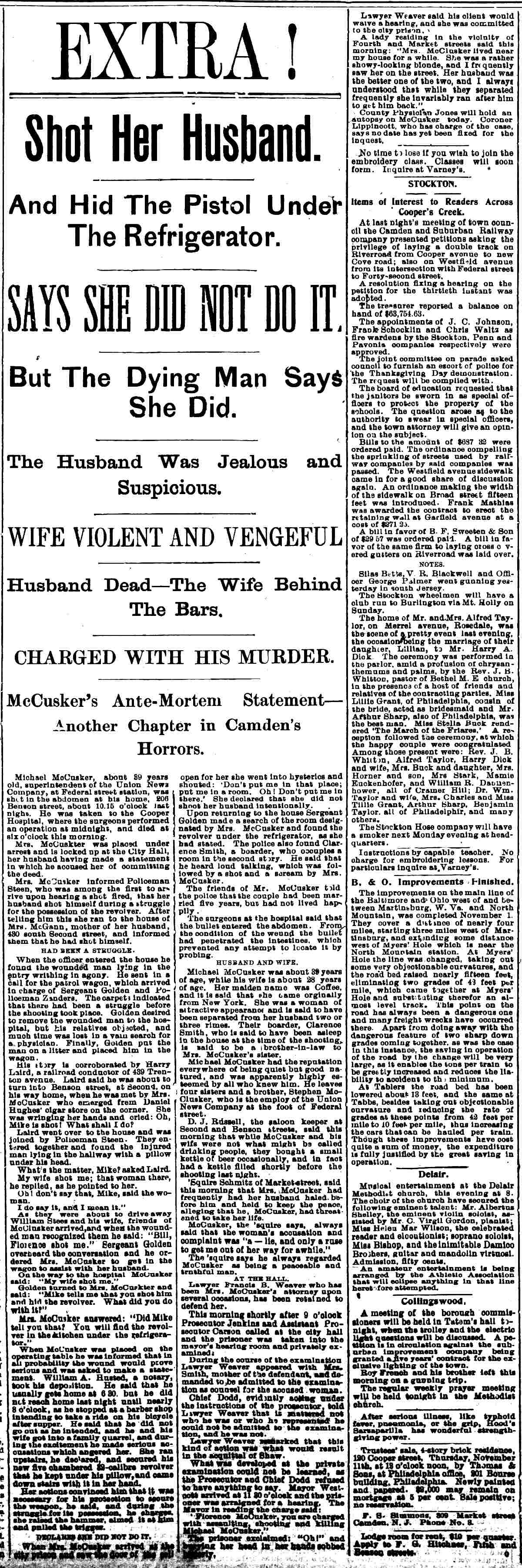 Camden Post Extra, November 10, 1897: "Shot Her Husband" headlines and the McCusker shooting story in a tall three-column newspaper scan