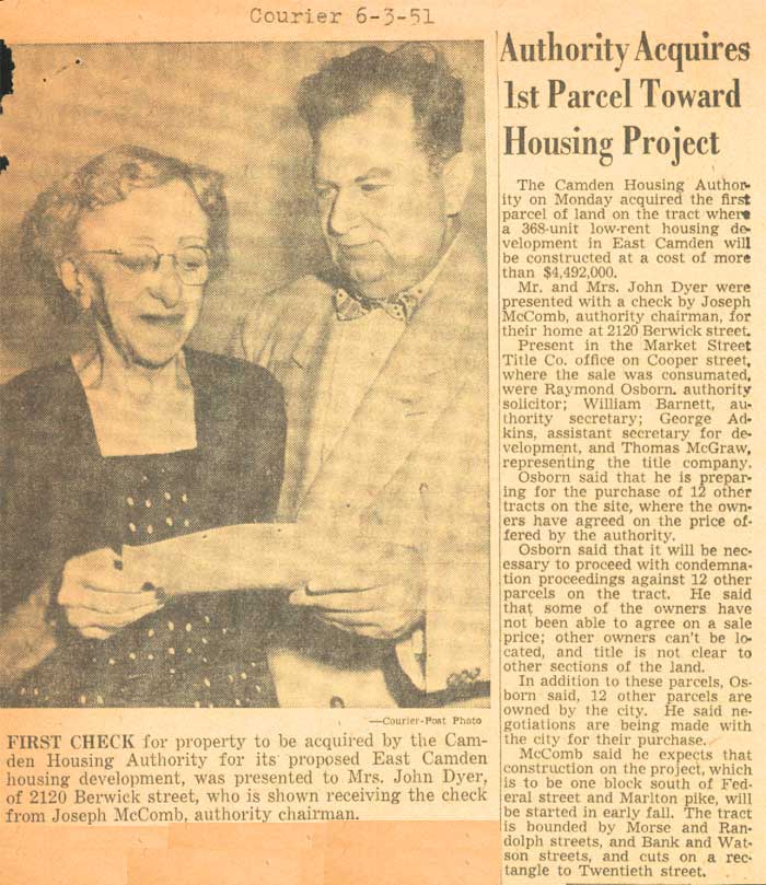 Clipping, Authority Acquires 1st Parcel Toward Housing Project, Courier-Post, June 3, 1951, with a photo of a check presentation