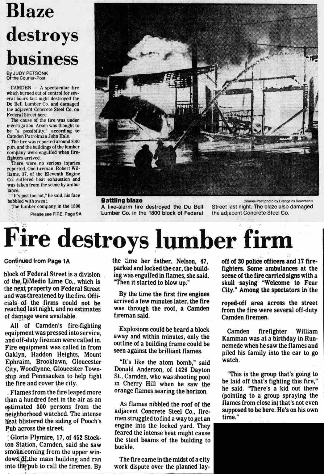 Courier-Post clipping, Blaze destroys business, about the Du Bell Lumber Co. fire in Camden, August 30, 1981