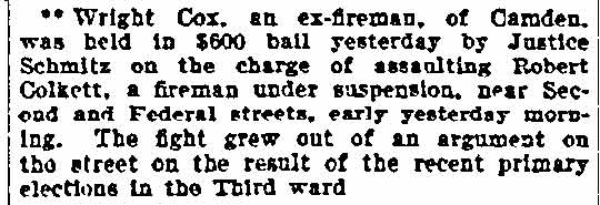 Newspaper clipping: Wright Cox, an ex-fireman of Camden, held in bail for assaulting fireman Robert Colkett