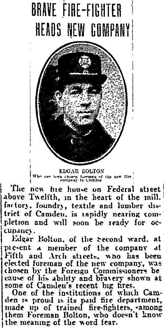 Philadelphia Inquirer clipping, May 22, 1905: Brave Fire-Fighter Heads New Company, with a portrait of Edgar Bolton