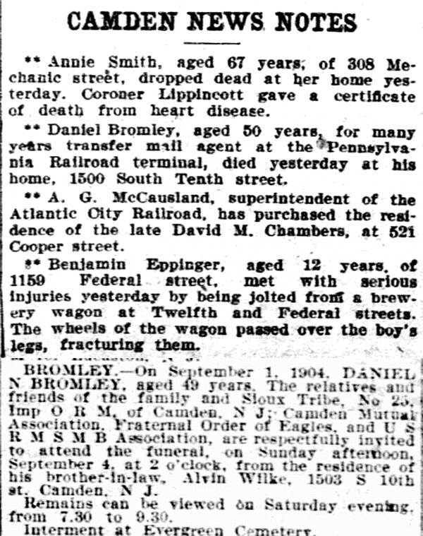 Camden News Notes, Philadelphia Inquirer, September 2, 1904, with the Daniel N. Bromley funeral notice