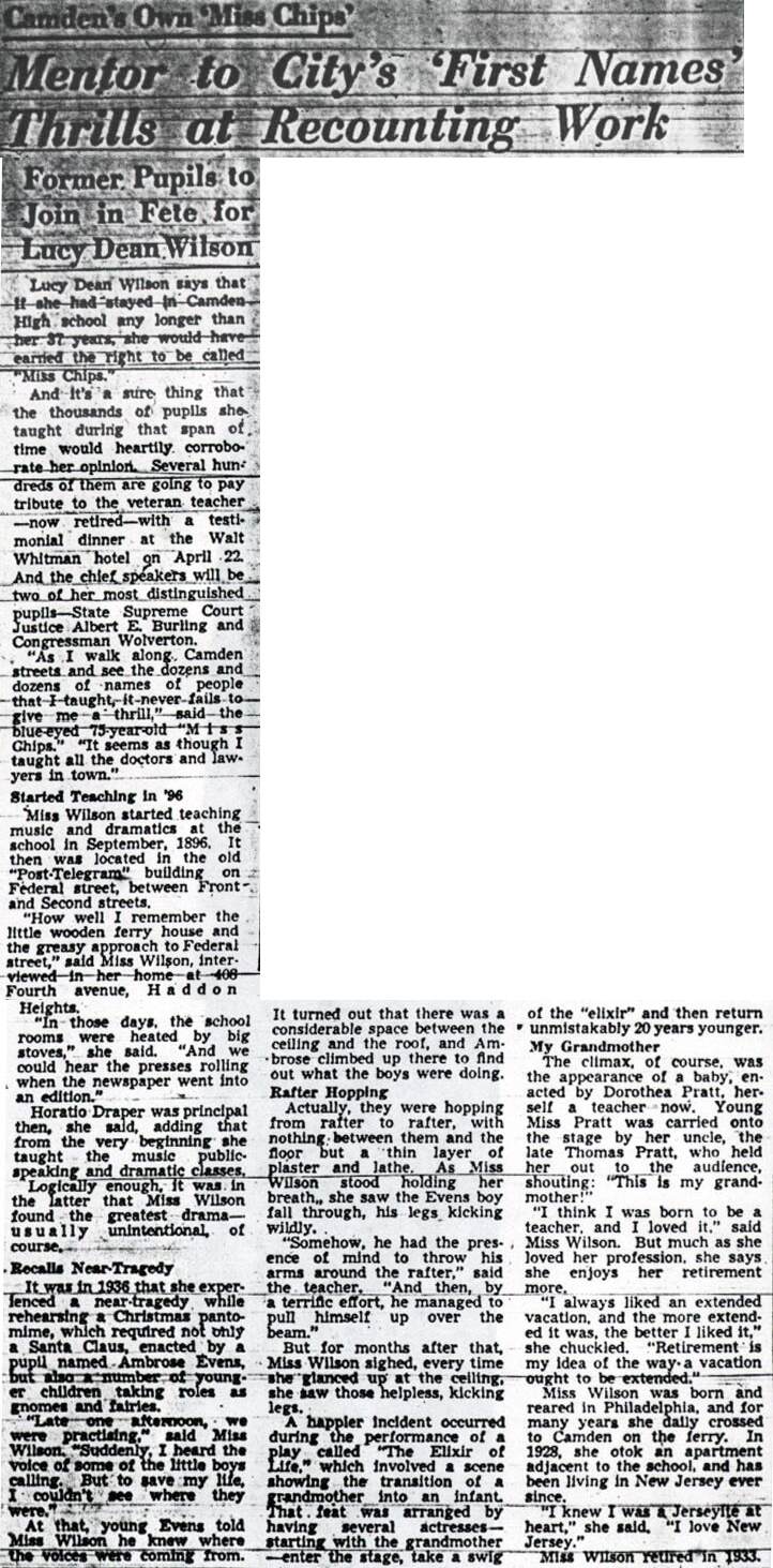 Camden Courier-Post article on Lucy Dean Wilson, retired Camden High School teacher, April 7, 1950