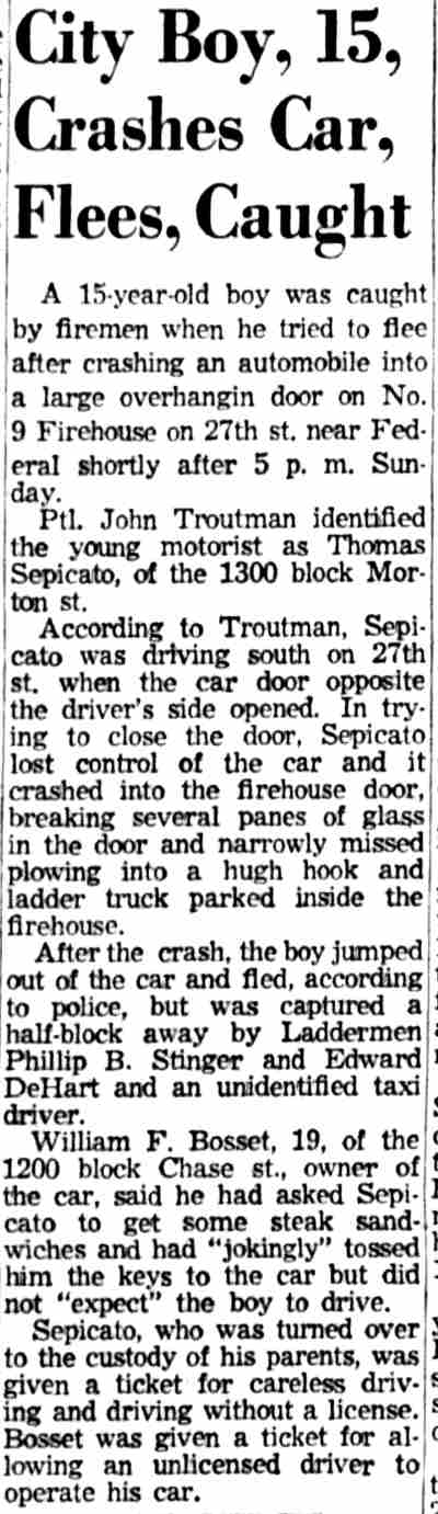 Camden Courier-Post clipping, June 15, 1959: City Boy, 15, Crashes Car, Flees, Caught