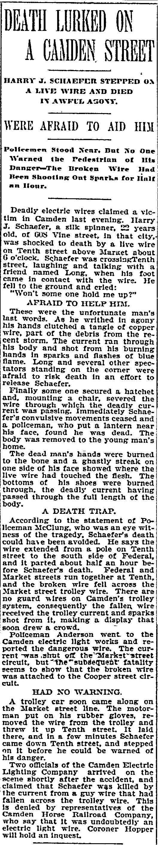 Philadelphia Inquirer clipping, January 7, 1898: Death Lurked on a Camden Street, about Harry J. Schaefer killed by a live wire