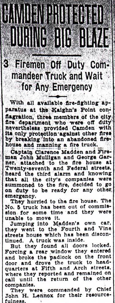 Camden Courier-Post headline Camden Protected During Big Blaze, July 11, 1933