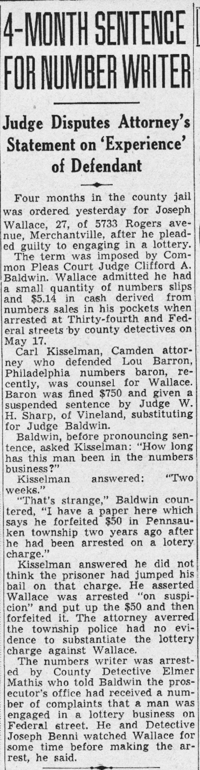 Courier-Post clipping, July 4, 1941: 4-Month Sentence for Number Writer, on Joseph Wallace's lottery conviction