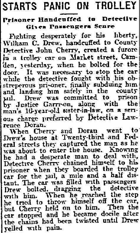 Newspaper clipping headlined Starts Panic on Trolley, Philadelphia Inquirer, November 22, 1911