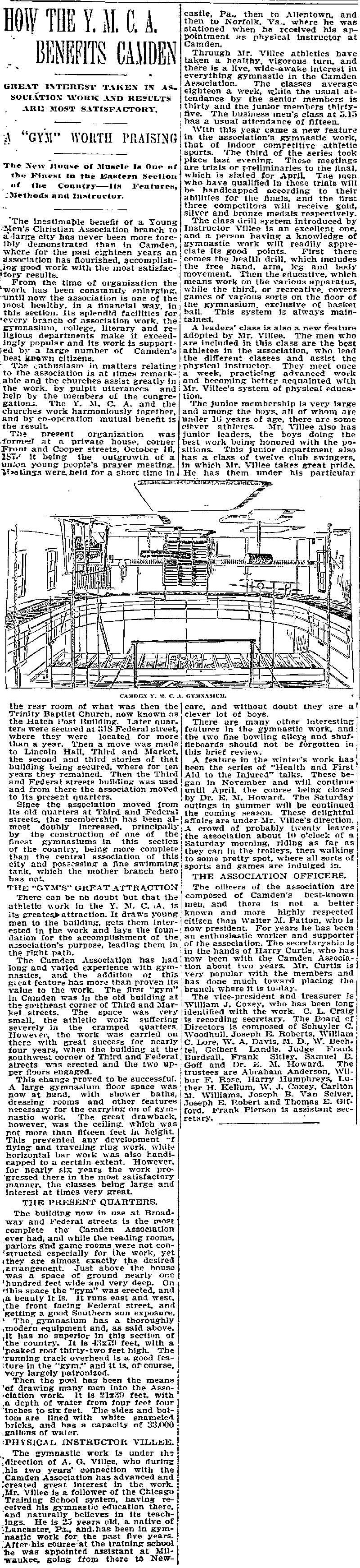 Philadelphia Inquirer feature How the Y. M. C. A. Benefits Camden, with a drawing of the Camden gymnasium