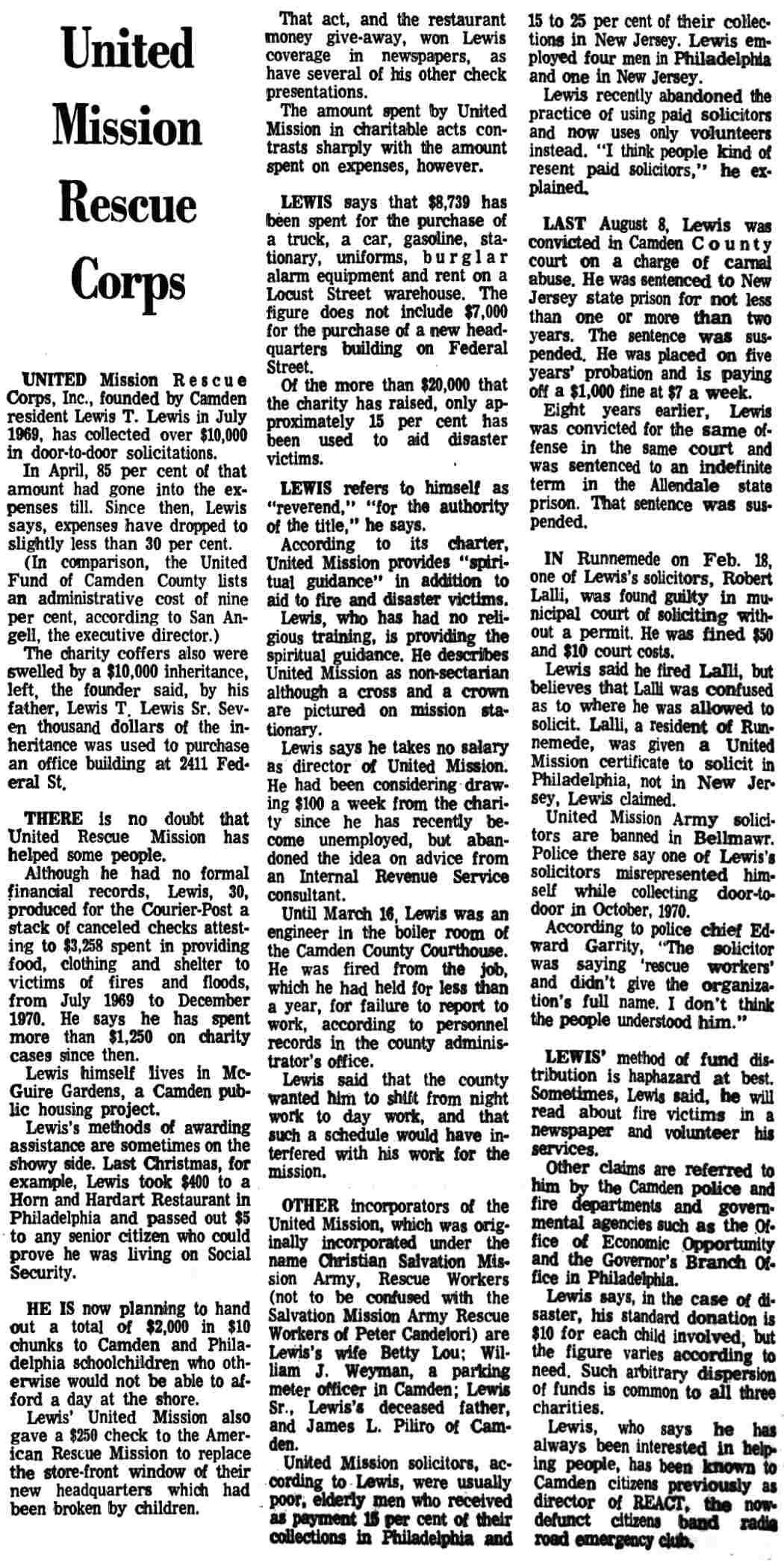 Camden Courier-Post article headlined "United Mission Rescue Corps," August 6, 1971, in three columns.