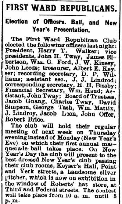 Newspaper clipping headed First Ward Republicans: officers elected, masquerade ball and New Year's silver pitcher