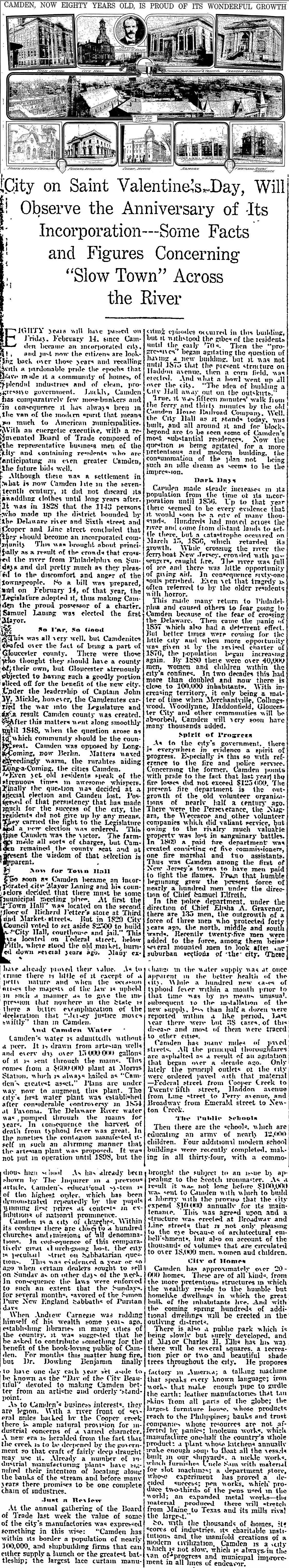 Philadelphia Inquirer feature, February 2, 1908: Camden, Now Eighty Years Old, Is Proud of Its Wonderful Growth