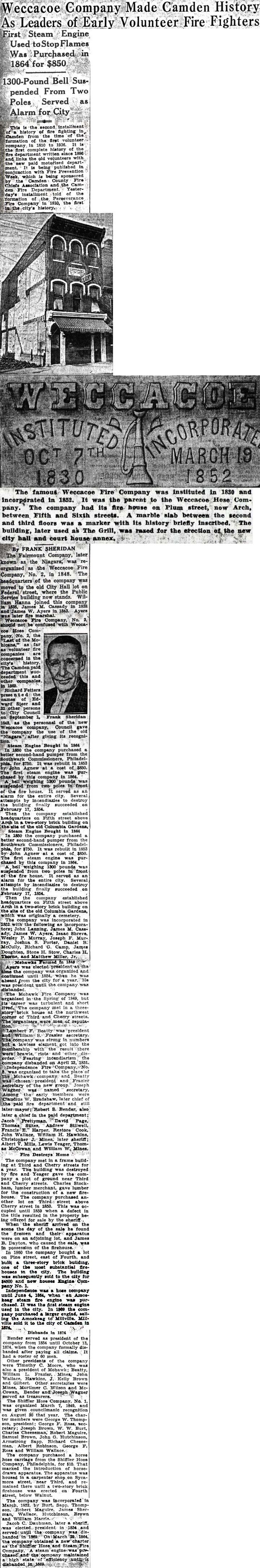 Camden Courier-Post, October 8, 1936: Weccacoe Company Made Camden History As Leaders of Early Volunteer Fire Fighters