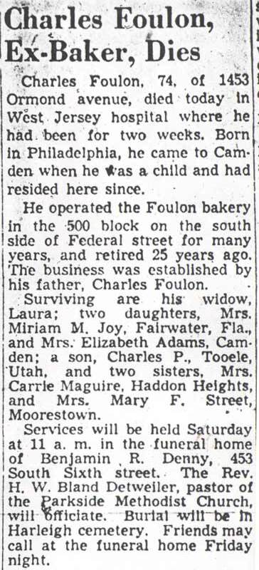 Obituary headlined Charles Foulon, Ex-Baker, Dies, Camden Courier-Post, January 11, 1950