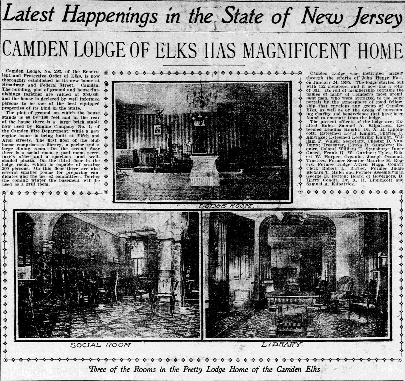 Philadelphia Inquirer clipping, August 23, 1900: Camden Lodge of Elks Has Magnificent Home, with three interior photographs