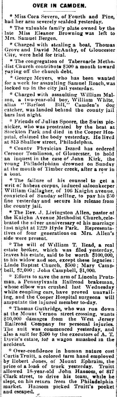 Philadelphia Inquirer column Over in Camden, August 12, 1891, listing local news items