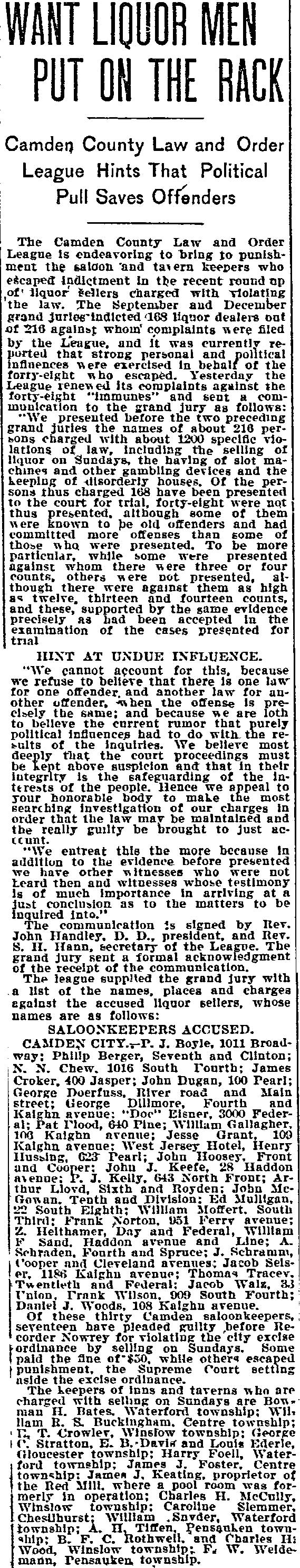Newspaper clipping: Want Liquor Men Put on the Rack, Philadelphia Inquirer, April 14, 1900