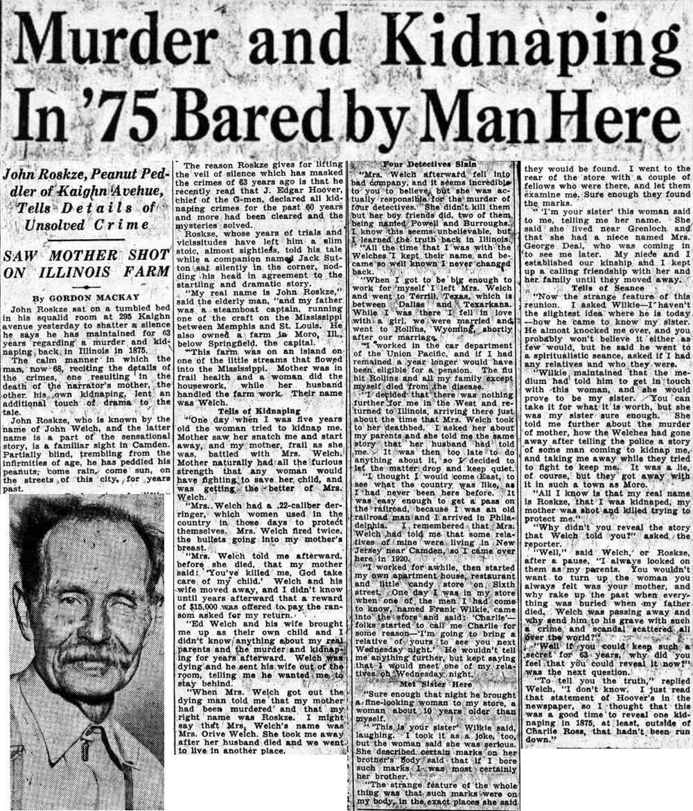 Camden Courier-Post front-page clipping, January 22, 1938, headlined "Murder and Kidnaping In '75 Bared by Man Here", with a portrait photograph of John Roskze