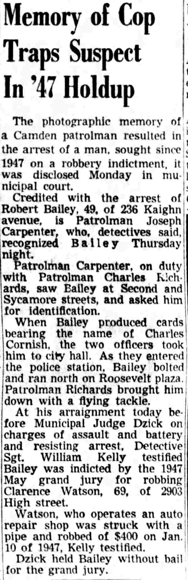 Memory of Cop Traps Suspect In '47 Holdup, Camden Courier-Post, November 6, 1951