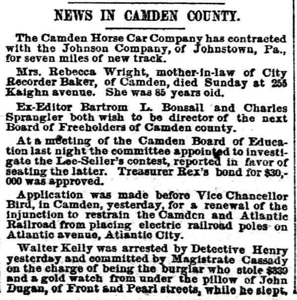News in Camden County column, Philadelphia Inquirer, April 2, 1889