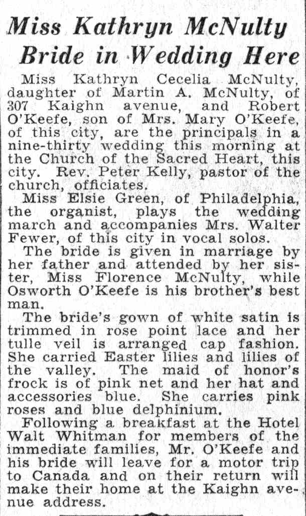 Courier-Post clipping, June 8, 1932: Miss Kathryn McNulty bride in wedding here
