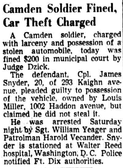 Camden Courier-Post clipping, May 12, 1952: Camden soldier fined in car theft case