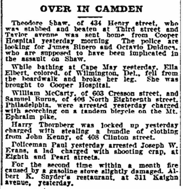 Over in Camden, Philadelphia Inquirer, July 31, 1899: six short Camden police and accident items.