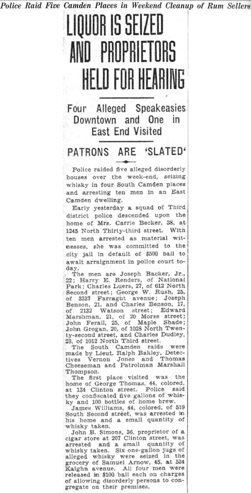 Camden Courier-Post clipping, June 6, 1932: Police Raid Five Camden Places in Weekend Cleanup of Rum Sellers