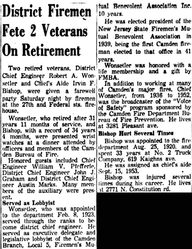 Courier-Post clipping, January 17, 1955: District Firemen Fete 2 Veterans On Retirement