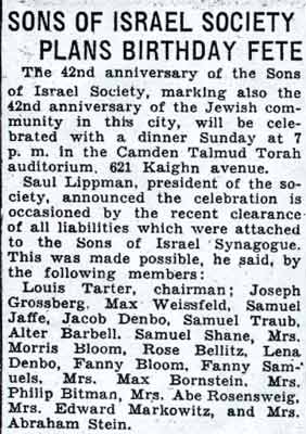 Sons of Israel Society Plans Birthday Fete, Camden Courier-Post, January 21, 1938