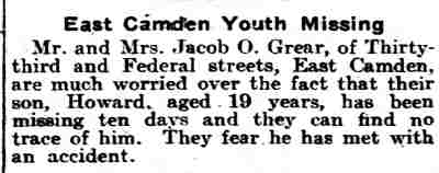 East Camden Youth Missing, Philadelphia Inquirer, February 23, 1906