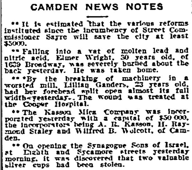 Camden News Notes column, Philadelphia Inquirer, August 10, 1910