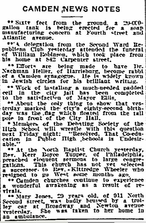 Newspaper column headed Camden News Notes, Philadelphia Inquirer, February 14, 1910