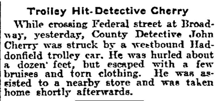 Newspaper clipping: Trolley Hit Detective Cherry, Philadelphia Inquirer, November 29, 1903