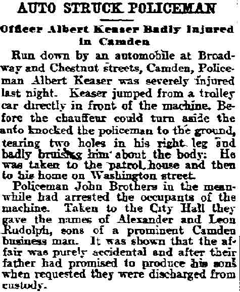Newspaper clipping: Auto Struck Policeman, Philadelphia Inquirer, August 1, 1905