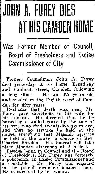 Clipping headline John A. Furey Dies at His Camden Home, Philadelphia Inquirer, June 2, 1917