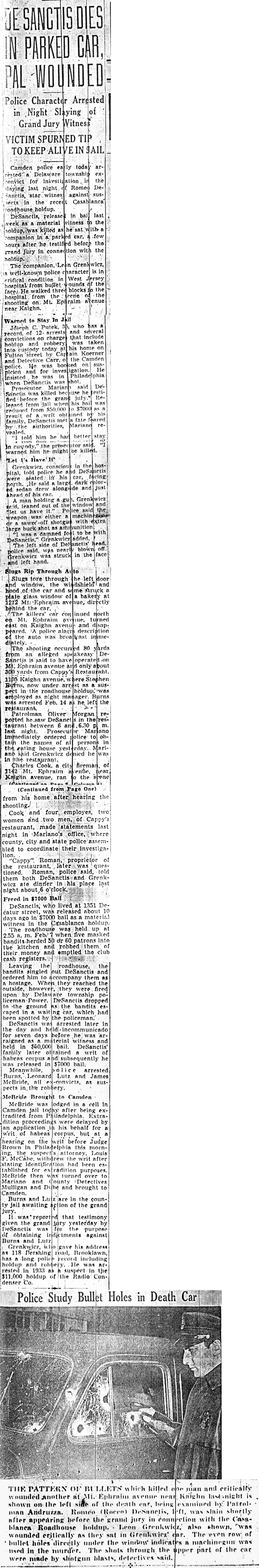 Camden Evening Courier, March 23, 1945: De Sanctis Dies in Parked Car, Pal Wounded, with a photo of the bullet-riddled car