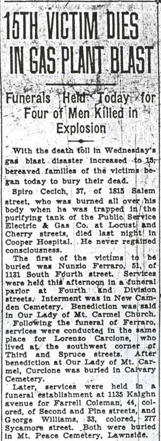 Newspaper clipping: 15th Victim Dies in Gas Plant Blast, Camden Courier-Post, March 11, 1932