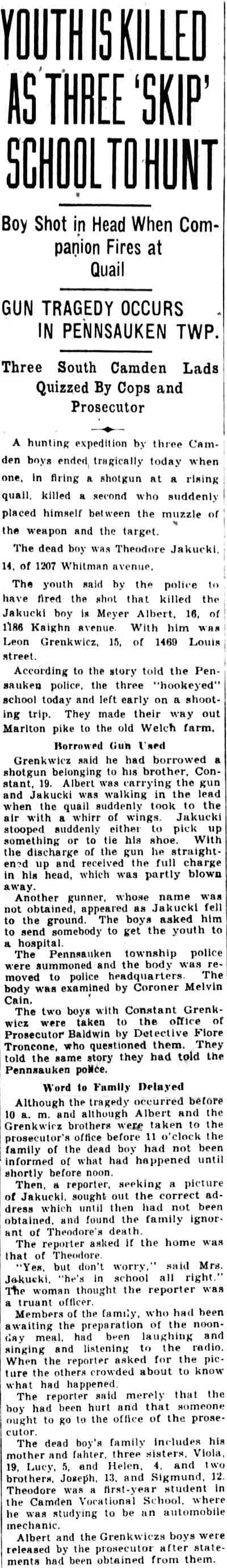 Courier-Post clipping, Nov. 27, 1930: youth killed as three boys skip school to hunt in Pennsauken Township