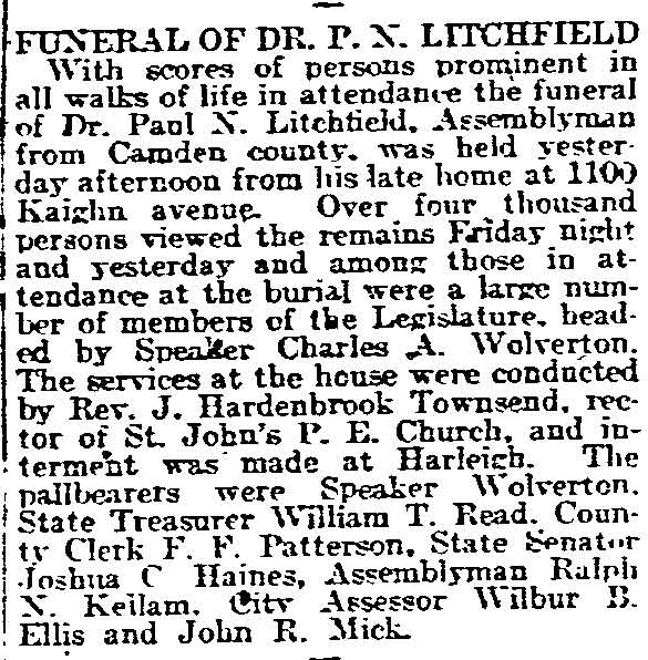 Newspaper clipping: Funeral of Dr. P. N. Litchfield, Philadelphia Inquirer, May 15, 1918