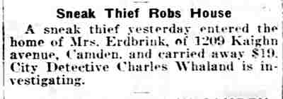 Sneak Thief Robs House, Philadelphia Inquirer, January 20, 1919