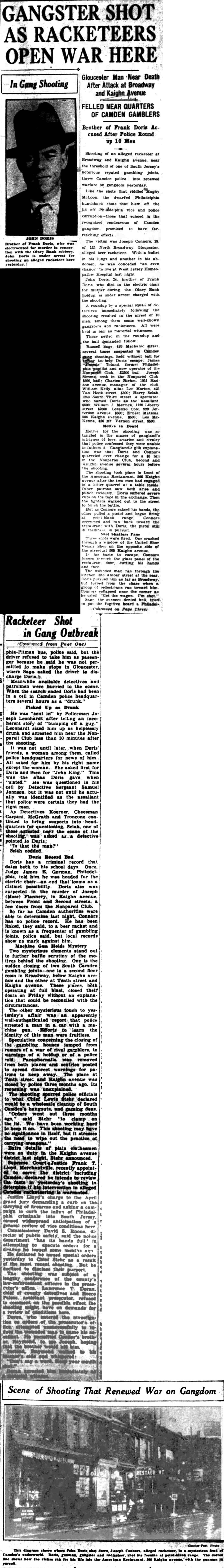 Courier-Post clipping, April 29, 1929: Gangster Shot as Racketeers Open War Here, with John Doris portrait and scene photo