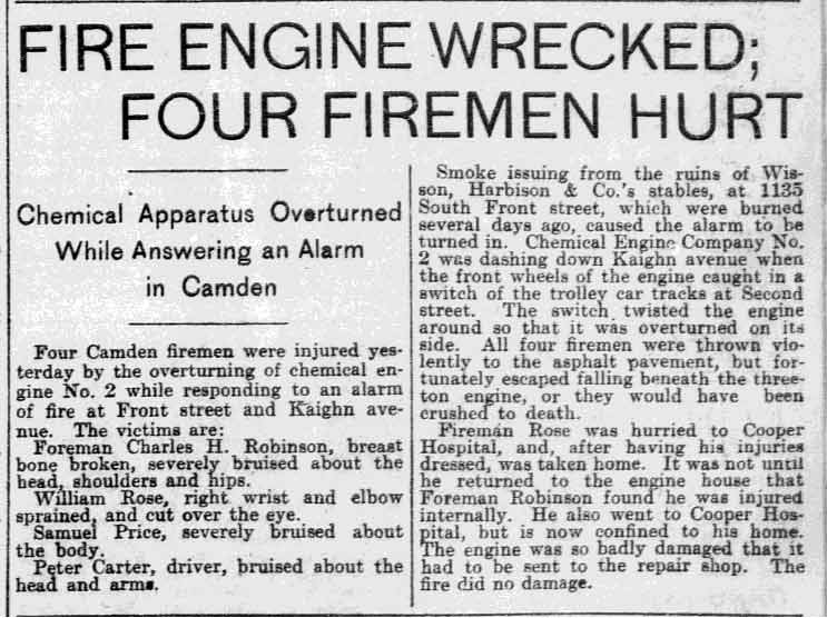 Philadelphia Inquirer clipping, June 24, 1900: Fire Engine Wrecked, Four Firemen Hurt