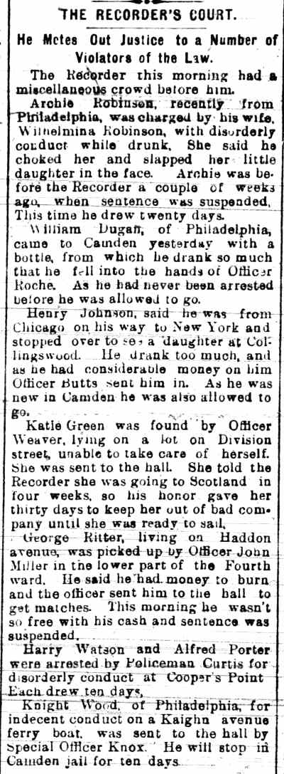 The Recorder's Court, Camden Daily Courier, March 13, 1899