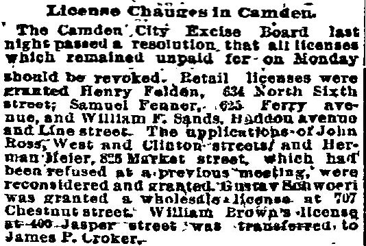Newspaper clipping "License Changes In Camden," Philadelphia Inquirer, July 14, 1894