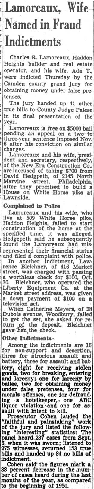 Courier-Post article Lamoreaux, Wife Named in Fraud Indictments, December 29, 1950